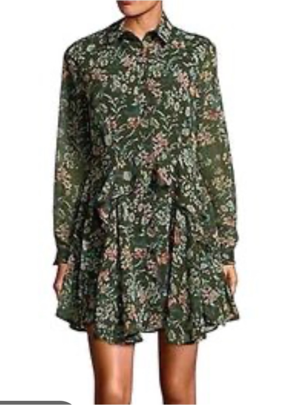 NWT Design Lab Lord & Taylor Green Floral Button Front Dress w Tiered Skirt (M)